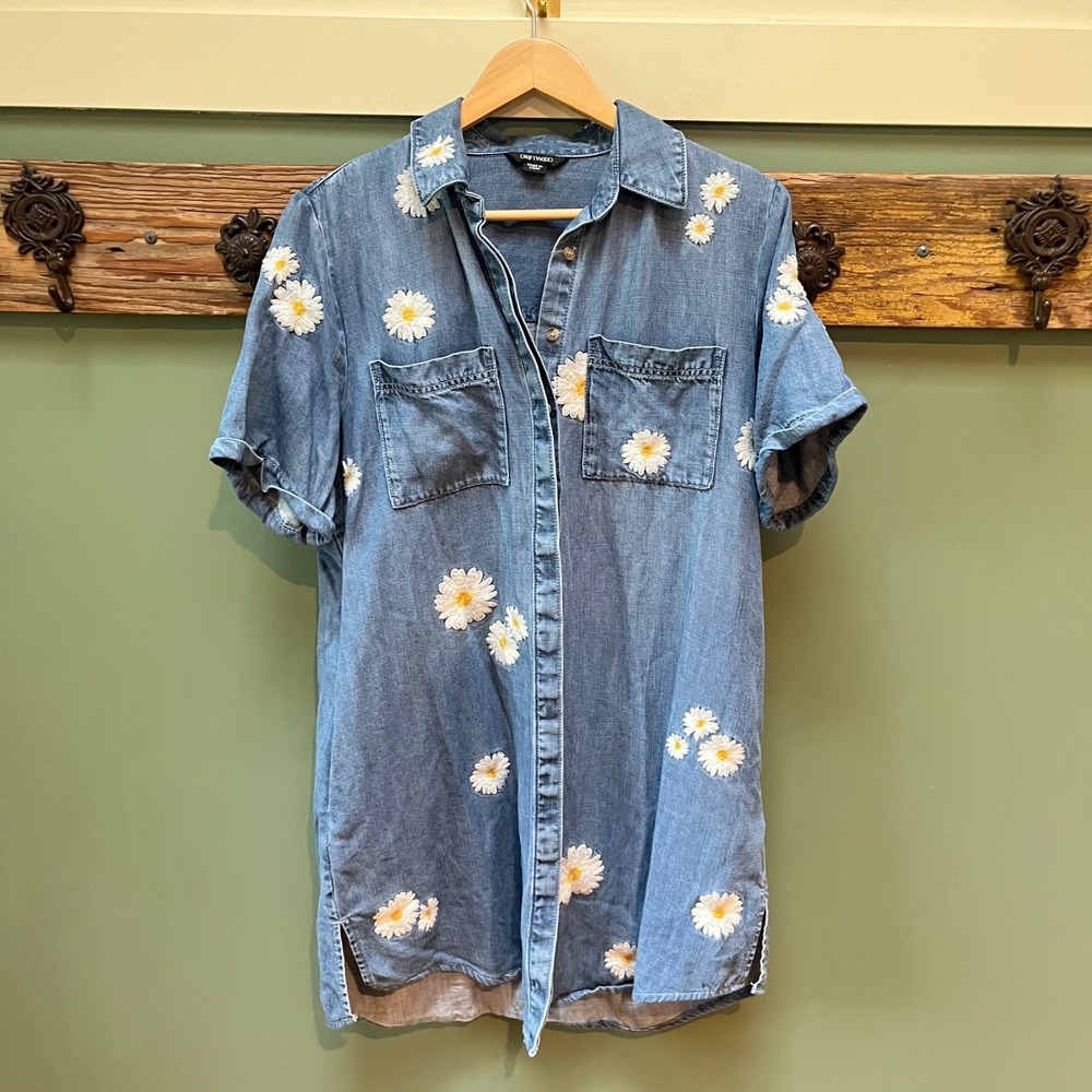 Driftwood Womens Large Daisy Embroidered Lyocell Denim Short Sleeve Shirt Drerss
